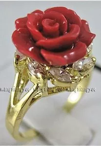 ¡Encantador! Anillo de flores de coral rojo tallado a mano tamaño: 7 8 9 - Imagen 1 de 3