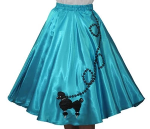 Aqua Blue SATIN 50s Poodle Skirt _ Adult Size MEDIUM _ Waist 30"- 36" _ L: 25" - Picture 1 of 2