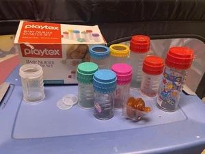 9 Vintage Playtex Decorated Nurser FLAT Top Nipple Drop In 8 & 4 oz Baby Bottle - Picture 1 of 10