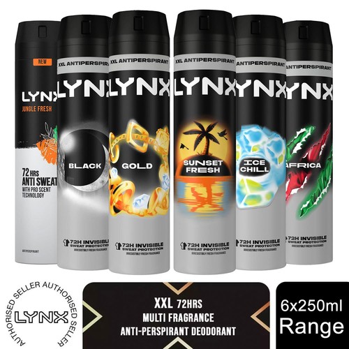 Lynx XXL Antitranspirante 72 Horas Protección contra el Sudor Desodorante Spray 250ml, Paquete de 6-