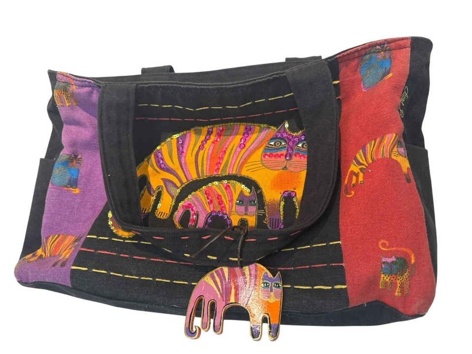 Laurel Burch 猫印花托特包带拉链上衣和内部口袋吊饰 — 第 1/4 张图片