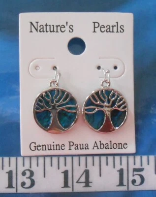 ~ Pendientes Iridiscentes Paua Seashell Árbol de la Vida ~ Azul Profundo ~ Ganchos Sin Níquel ~ Foto 1 de 4