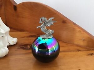 Vintage 80’s Spoontiques Pewter Red Eyes Dragon on top an Iridescent Glass Ball
