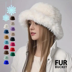 Thick Furry Fluffy Faux Fur Bucket Hat Warm Fisherman Plush Winter Hat Women - Picture 1 of 33