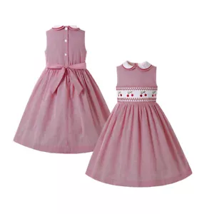 Vestido plisado y bordado a rayas rojas ahumado a mano para niñas verano 2-12 EE. UU. - Imagen 1 de 12