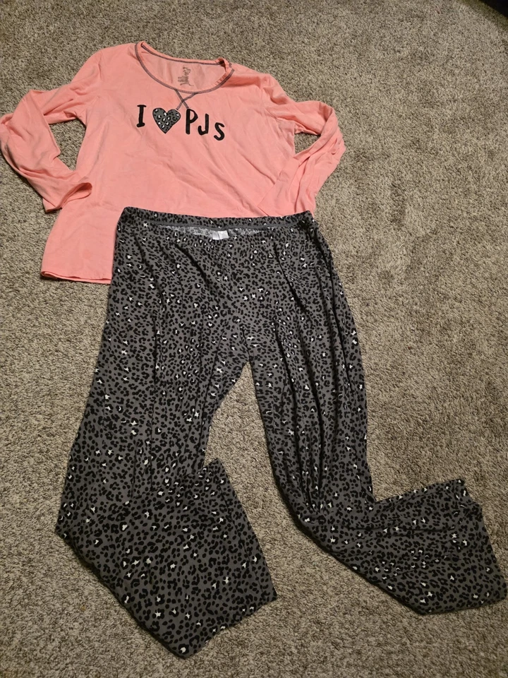 Secret Treasures Size L Pajama Set Pink And Gray Cheetah Print Long Sleeve - Image 1 of 3
