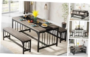 Dining Table Set for 4, Farmhouse Kitchen Table with 2 Benches, 3-Piece Grey - Picture 1 of 7