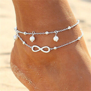 Femme double chaîne bracelet cheville pieds nus sandales pied de plage bijoux`js