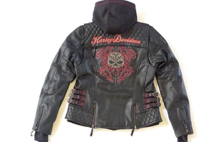 Harley-Davidson Women Scroll Skull Black Leather Jacket 3in1 Hoodie L 98104-16VW - Picture 1 of 20