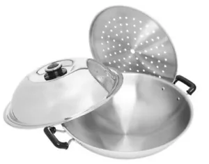 Thai Zebra Brand Stainless Steel Chinese Wok 5 Ply with Lid & Steaming Plate - Picture 1 of 48
