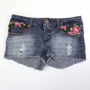 Mossimo Denim Jean Shortie Shorts Size 1 Fit 6 Low Rise Distressed Frayed Floral - Picture 1 of 13