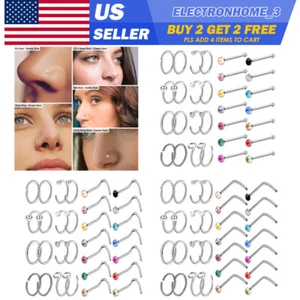 30PCS Surgical Steel Nose Ring Hoop Colorful CZ Nose Stud Nostril Piercing 20G - Picture 1 of 5