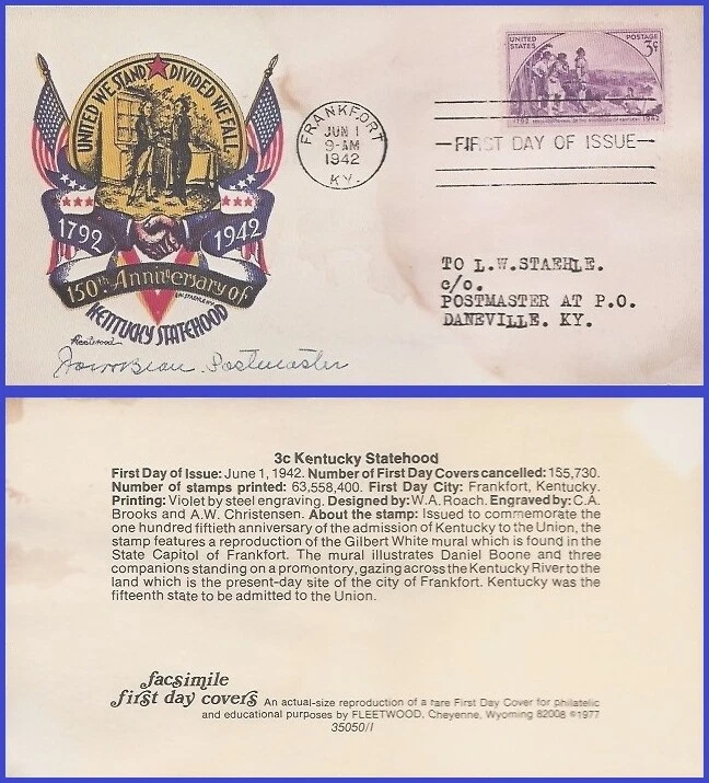 USA5 # 904 ADDR FACSIMILE FDC   Kentucky Statehood - Image 1 of 1