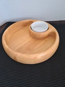 Vintage Wood Bowl Chip and Ceramic Dip Vintage  - Picture 1 of 19