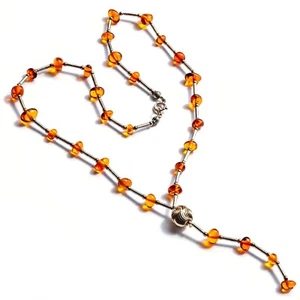 925 Solid Sterling Silver Honey Baltic Amber Beaded Designer Nice Necklace 16 in - Picture 1 of 3