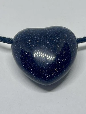 Dark Blue Goldstone Heart Pendant Cord Necklace Natural Glitter Sterling Cap 18” - Image 1 of 4