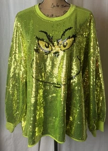 NWT Queen Of Sparkles Over Sized Green Grinch Full Sequin Pullover Sz 2XL - Picture 1 of 9
