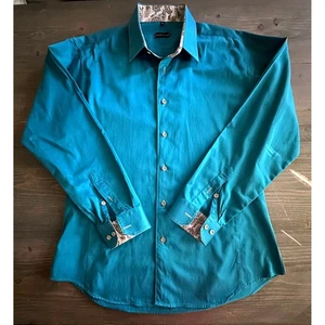 Jared Lang Men's Dress Shirt Teal Blue Paisley Trim Longsleeve Button Up Size XL - Picture 1 of 12