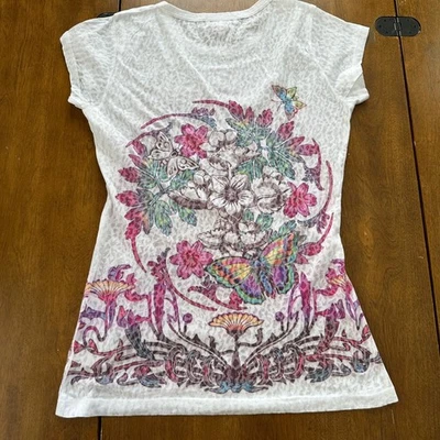 Camiseta Floral Gráfico Mariposa Burnout Para Mujer Pequeña Blanca Rosa Boho Y2K Top Foto 1 de 4