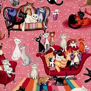 BENARTEX "KITTY GALORE" 06395-22 KAT LOUNGE CATS ON FURNITURE FABRIC PER 1/2 YD - Picture 1 of 3