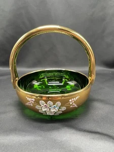 VINTAGE CZECH BOHEMIAN EMERALD GLASS BASKET WITH GOLD ENCRUSTED - Picture 1 of 16