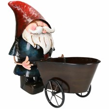 Hand Painted Metal Garden Home Gnome Pushing Wheelbarrow Ornament