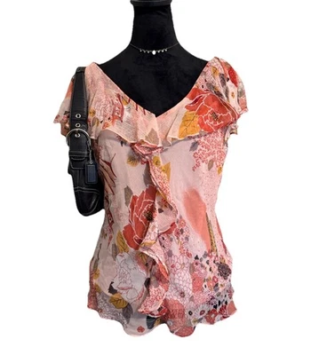 Vintage Pink Floral Silk Top Sz M Beaded Y2K Sheer Fairy Cottage Flutter Ruffle - Image 1 of 4