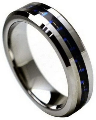 6mm Tungsten Carbide Beveled with Black & Blue Carbon Fiber Wedding Band Ring - Image 1 of 4