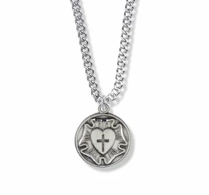 STERLING SILVER DIAMOND ENGRAVED LUTHERAN ROSE MEDAL NECKLACE & CHAIN - Picture 1 of 1