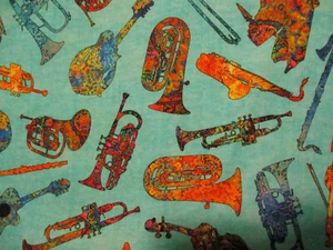 GUITARS MOD MUSIC INSTRUMENTS JAZZ PIANO MORE TEAL DIGITAL COTTON FABRIC BTHY - Picture 1 of 6