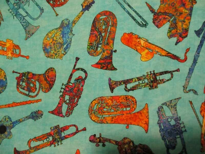 GUITARS MOD MUSIC INSTRUMENTS JAZZ PIANO MORE TEAL DIGITAL COTTON FABRIC FQ  - Image 1 of 4