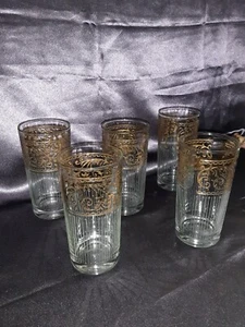 5 Culver Tyrol Hi-Ball Drinking Glasses Gold Band Starlyte Lines - Picture 1 of 5