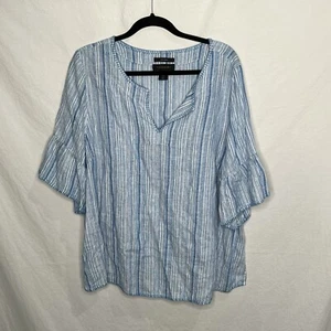 Tahari 100% Linen Top Sz 1X Blue White Stripe Ruffle Sleeve Boho Cottagecore EUC - Picture 1 of 8