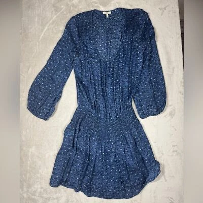 Joie 100% Silk Bain Long Puff Sleeves Boho Navy Blue Dot Mini Dress Size Large - Image 1 of 4