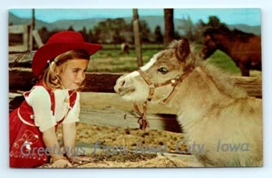 1960s IA Postcard Greetings From Iowa City Iowa Little Girl & Pony Cute Unposted - Picture 1 of 2