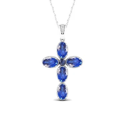 925 sterling silver cross pendant Blue Sapphire 9x7 mm Oval faceted gem jewelry - Image 1 of 4