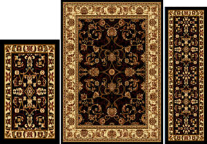 Traditional Black Oriental 3 Pieces Vine Persien Border Area Rug Runner Mat Set