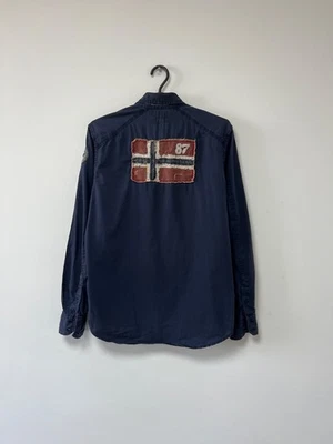 Camisa Napapijri Geographic Botón Manga Larga 100% Algodón Azul Marino Hombres Talla Pequeña Foto 1 de 4