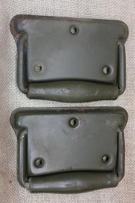 2 Old Tool Box Drop Handles Steamer Chest Army Green Footlocker 1960 Medium Rust - Image 1 of 4
