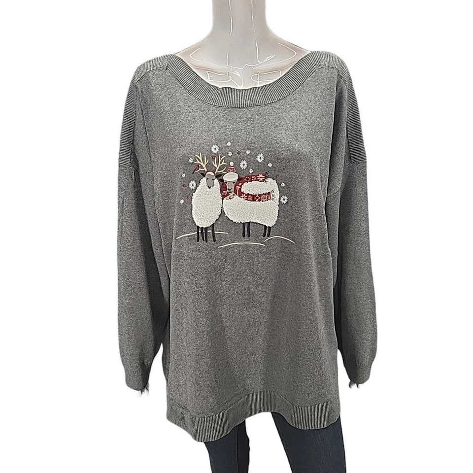 Christopher & Banks CJ Banks Sweater Sheep Embroidery 3X Plus Size Gray Pullover - Image 1 of 4