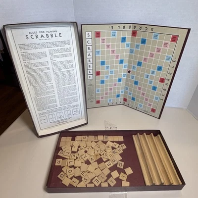 Vintage Scrabble Game 1953 Selchow & Righter Co 4 Holders Box Tiles - Image 1 of 4