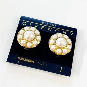 Givenchy Vintage Faux Pearl Cluster Clip Earrings 80's Dead Stock - Picture 1 of 8