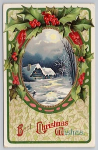 Best Christmas Wishes Winter Scene Holly 1910 - Imagen 1 de 2