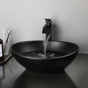 Black Marble Bathroom Ceramic Vessel Sink Oval Basin Bowl Combo Faucet Drain - Picture 1 of 8