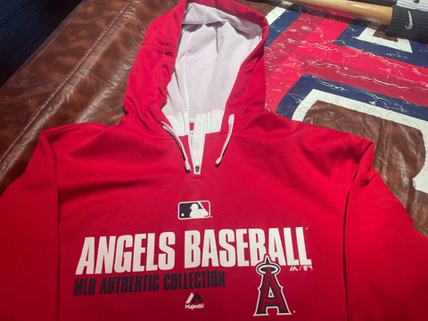 Angels Hoodie Mens Large Red Pullover Sweatshirt Majestic Anaheim MLB Cover