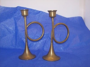 PAIR OF BRASS HORN TAPER CANDLE STICK HOLDER SET OF 2 6.5" TALL - Picture 1 of 3