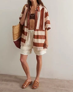 Free People We The Free Del Mar Cabana Shirt Brown Combo NEW SIZE MEDIUM - Picture 1 of 8