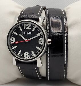 Ritmo Mvndo Silver Tone Vera Pelle Black Leather Wrap Around Strap Watch G5