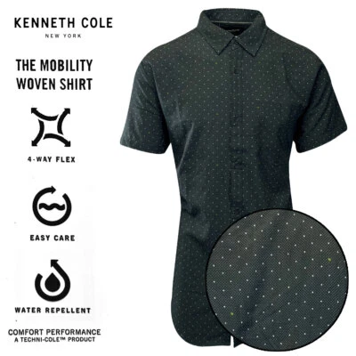 Camisa negra para hombre Kenneth Cole verde blanca punteada manga corta tejida (S11) Foto 1 de 4