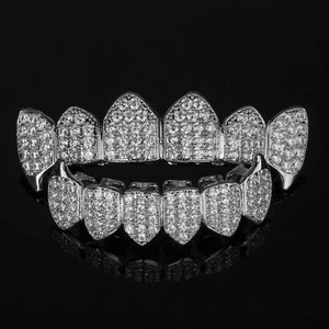 18K White Gold Plated Custom Slugs Fang Top Bottom GRILLZ Teeth Mouth Grills Set - Picture 1 of 13